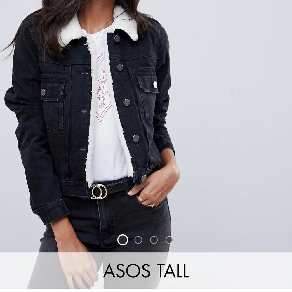 ASOS DESIGN Tall denim shrunken jacket with fleece collar in washed black